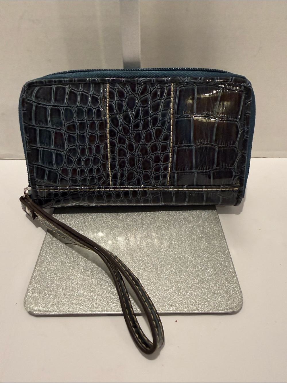 Blue Croc-Embossed Wristlet Wallet